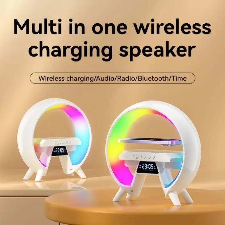 Wireless Fast Charging Dock Station Bluetooth Speaker Alarm Clock Desk Lamp RGB Colorful Light Charger for Smartphone