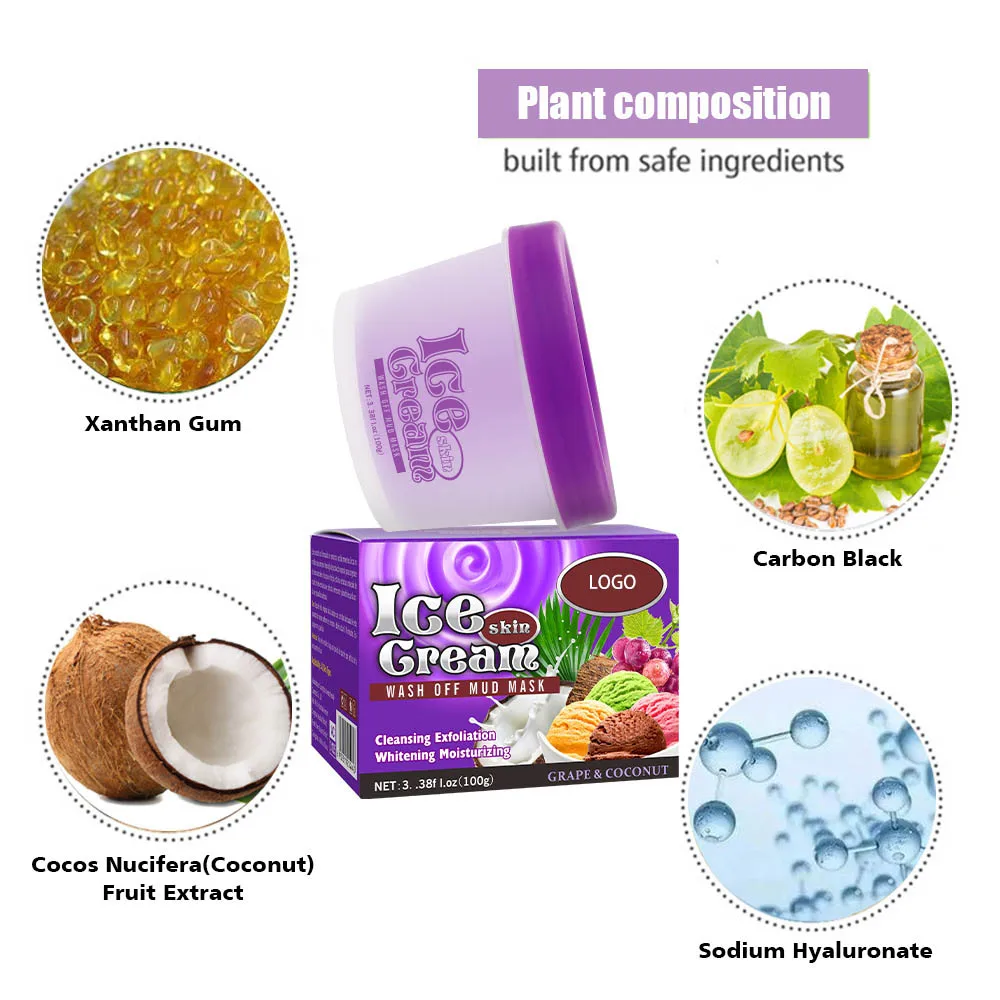 OEM ODM 100g Facial Skin Care Clay Mask Whitening Grape Mud With Crystal Material Wash Off Face Cleaning For Females