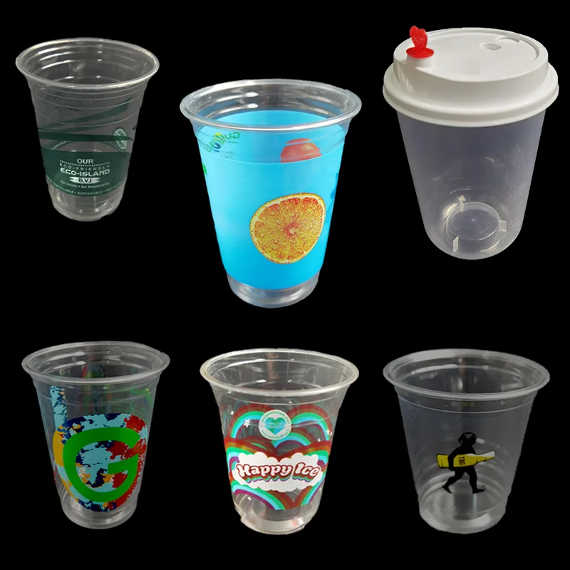 PET PLA PP customized logo biodegradable drinking plastic cups with lids various size disposable juice dessert cup and saucer