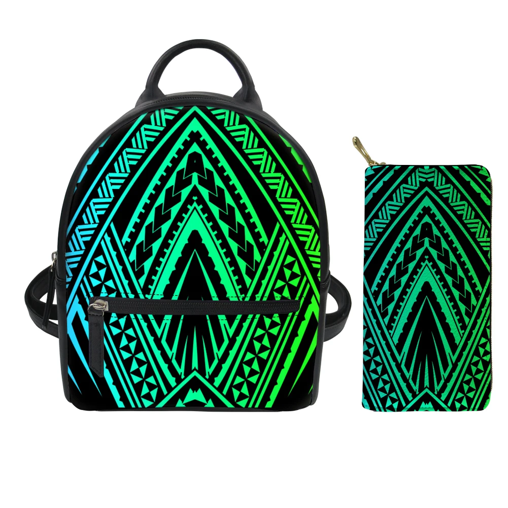 Green Traditional Polynesian Tribal Tattoo Printed Purses Set Quality Mini Backpacks Match Zip Wallet Wholesale and Dropshipping