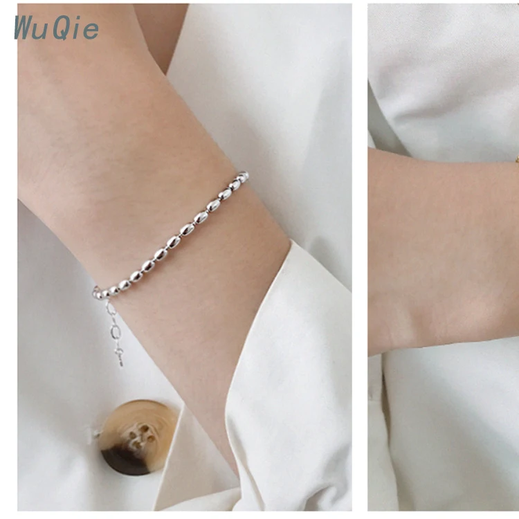 Wuqie S925 Sterling Silver Gold Plated Oval Bead Bracelet Wild Beaded Bracelet Bangles