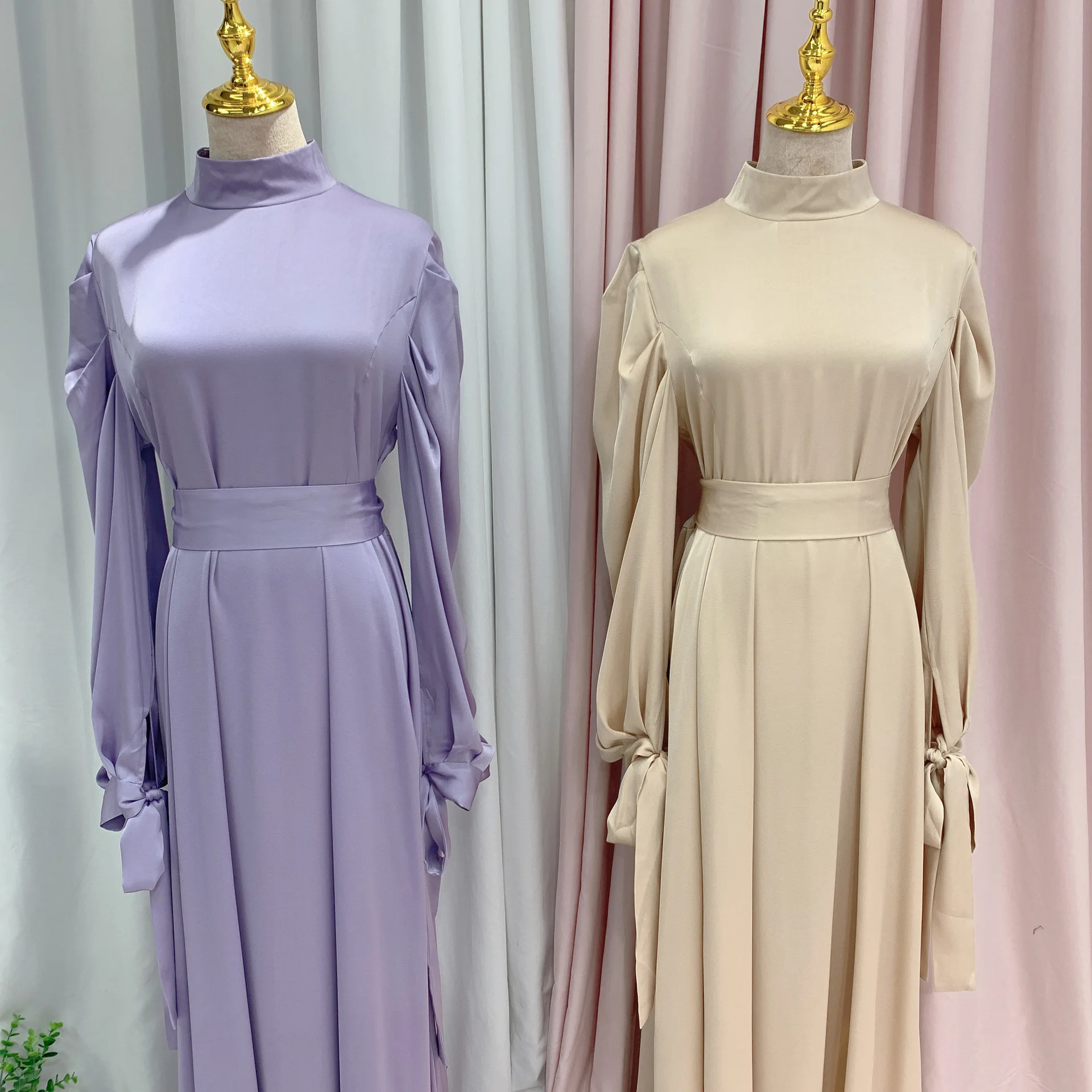 Solid Color Islamic clothing Ramadan Dubai Elegant Muslim Dress Satin Long Maxi Dress Evening Dress Gowns For Women
