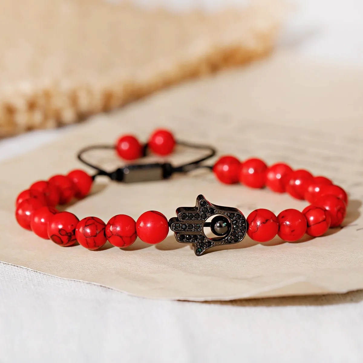 Fashion Black Hamsa Fatima Hand Evil Eye Beaded Bracelets 8mm Red Turquoise Adjustable Bracelets Wholesale