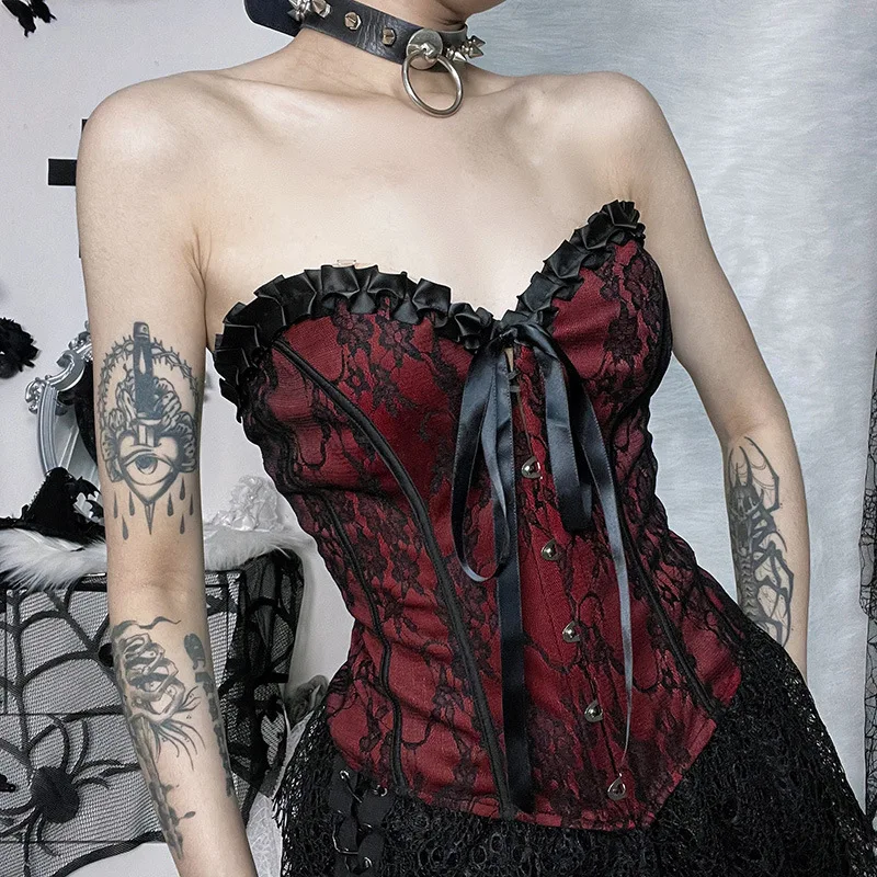 Vintage Sexy Grunge Strappy Punk Goth Dark Red Lace Slim Fit Club Tube Top Corset Women