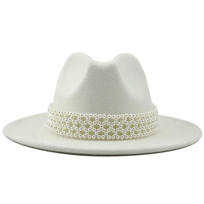 Wholesale Custom OEM Flat Brim Luxury Woolen Hat Cloche Pearl Belt Jazz Hat