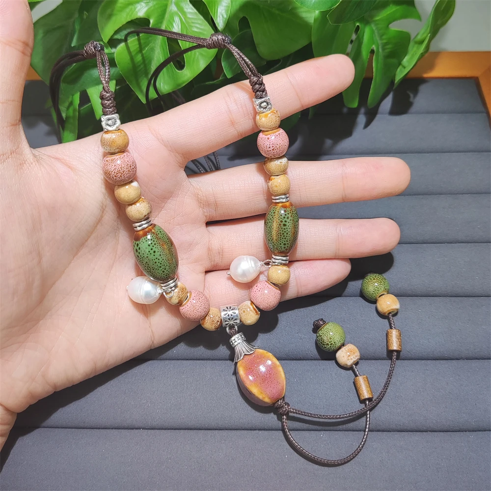 Fashion Jewelry Bohemian Style Handmade Braided Ceramic Beads Sweater Necklace Long Tassel Hand Knotted Rope Necklace With Pearl