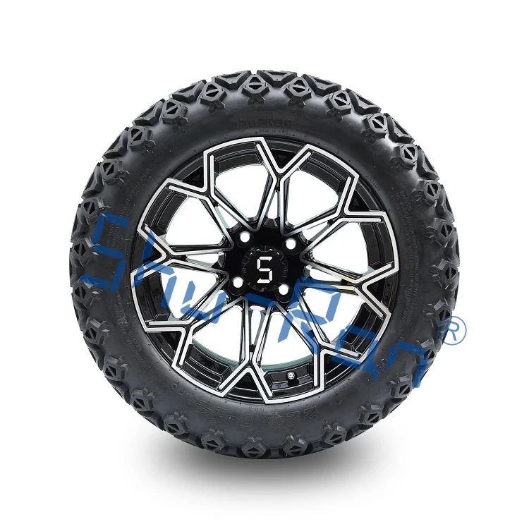 14' Golf Cart Machined/Glossy Black Wheels and 22x10-14 All Terrain Tires