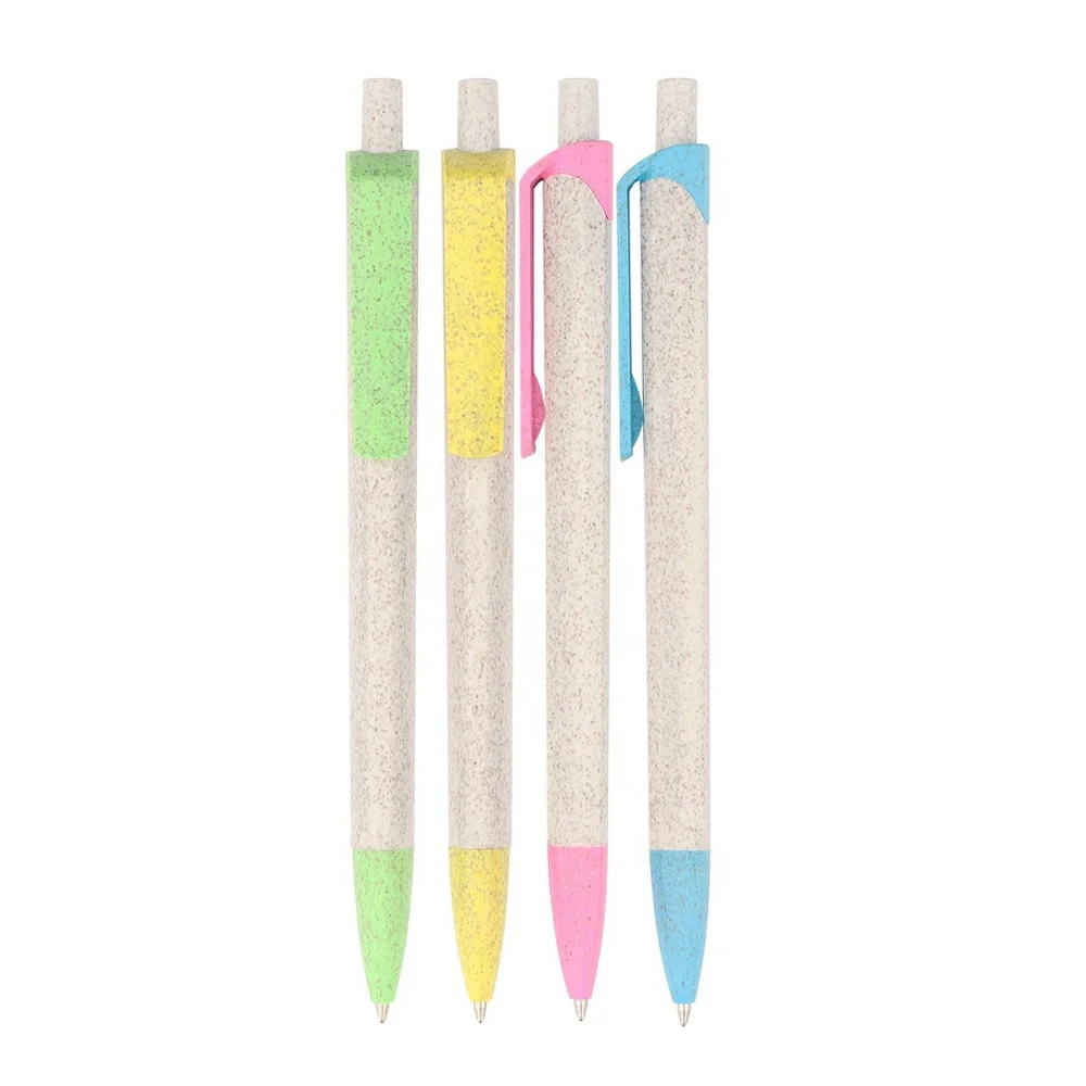 Wheat Straw Pen Biodegradable Recycled Plastic Ball Pen With Flat Clip