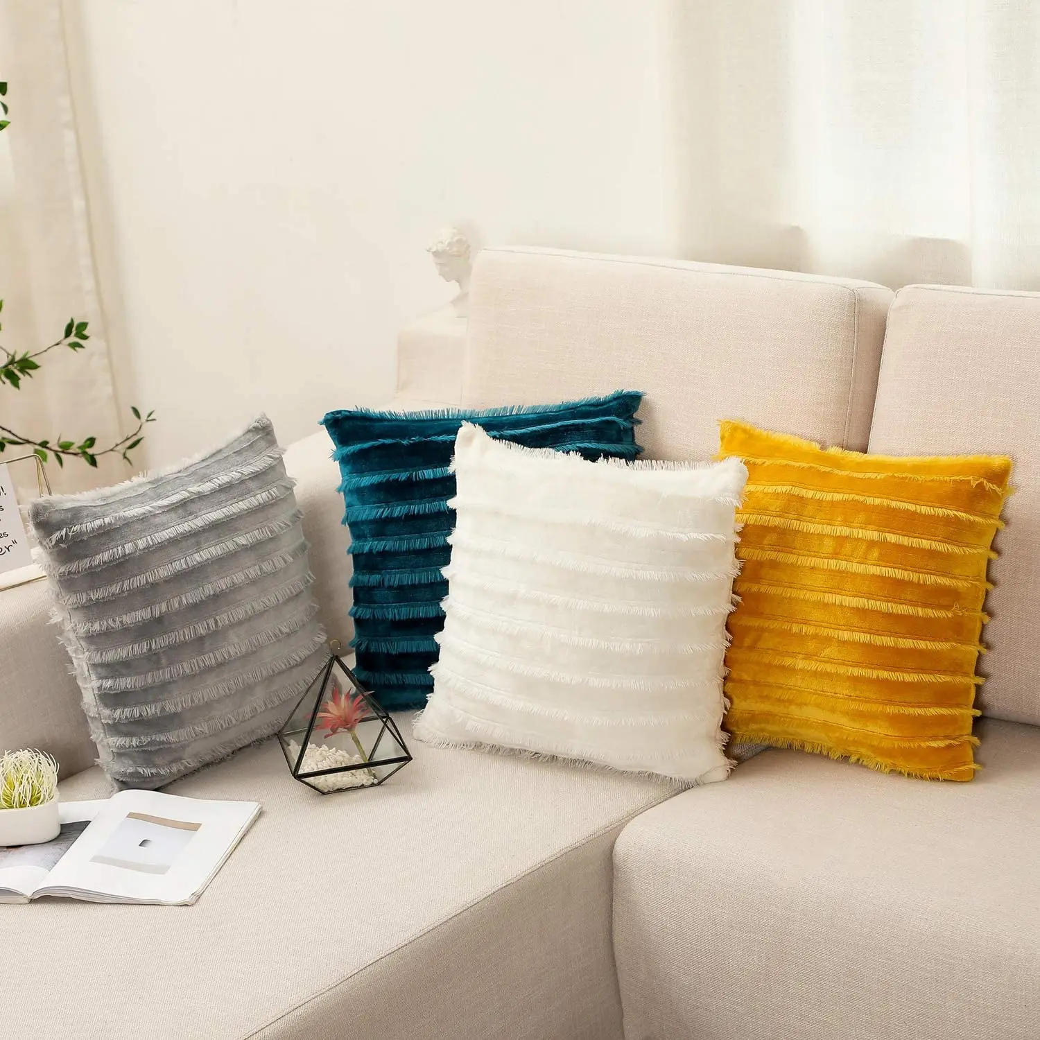 High Quality Home Decor Solid Yellow Flannel Tassels Super Plush Soft Sofa Waist Throw Pillows Case Cushion Cover With Core