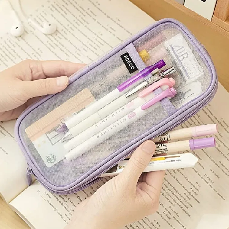 Grid Mesh Pen Pencil Case with Zipper Clear Makeup Color Pouch Cosmetics Bag Multi-Purpose Travel School Teen Girls Transparent
