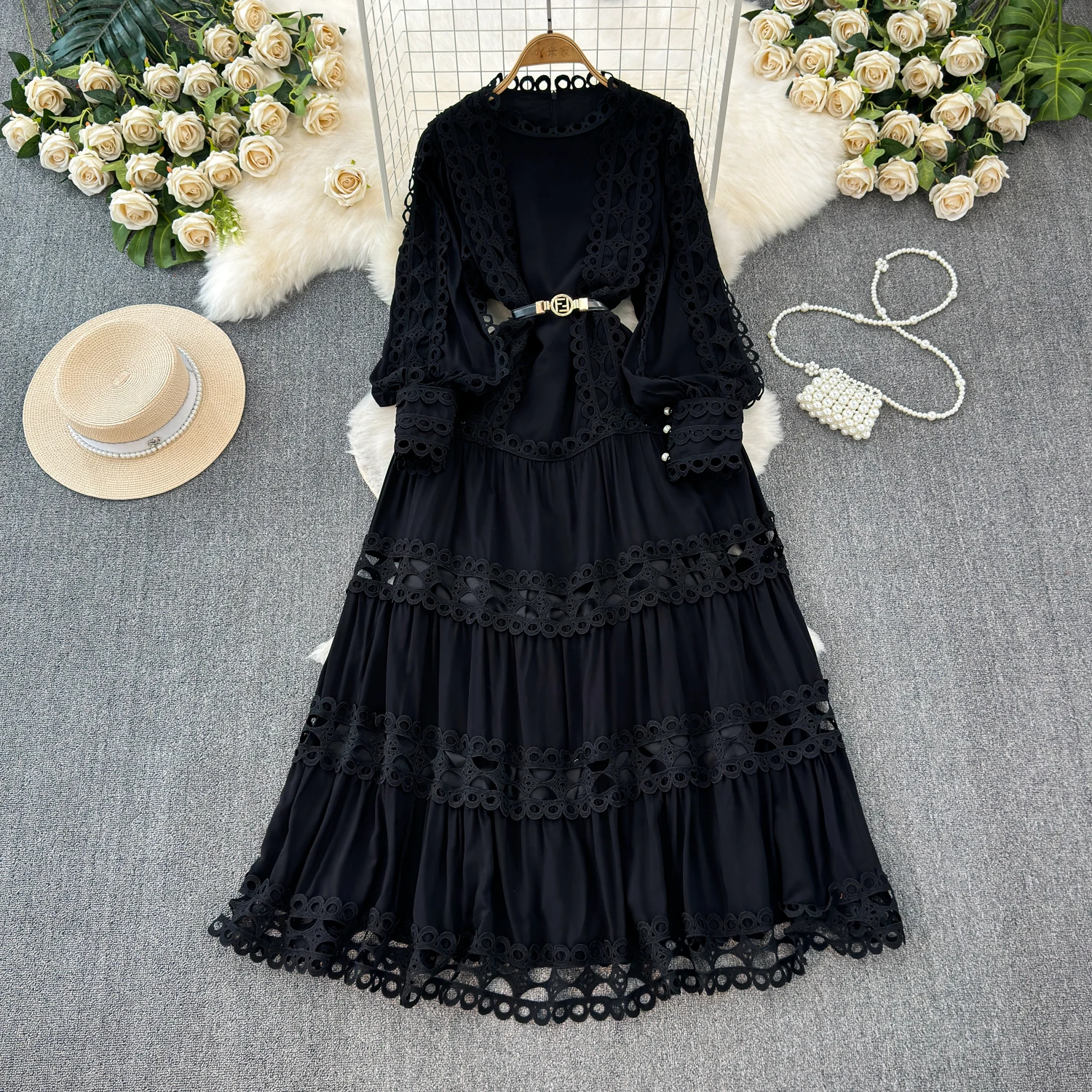 HANOU Court Style Hollow Hook Flower Ladies Dress Female Heavy Industry Patchwork Lace Long Sleeve Women Boutique Maxi Dresses