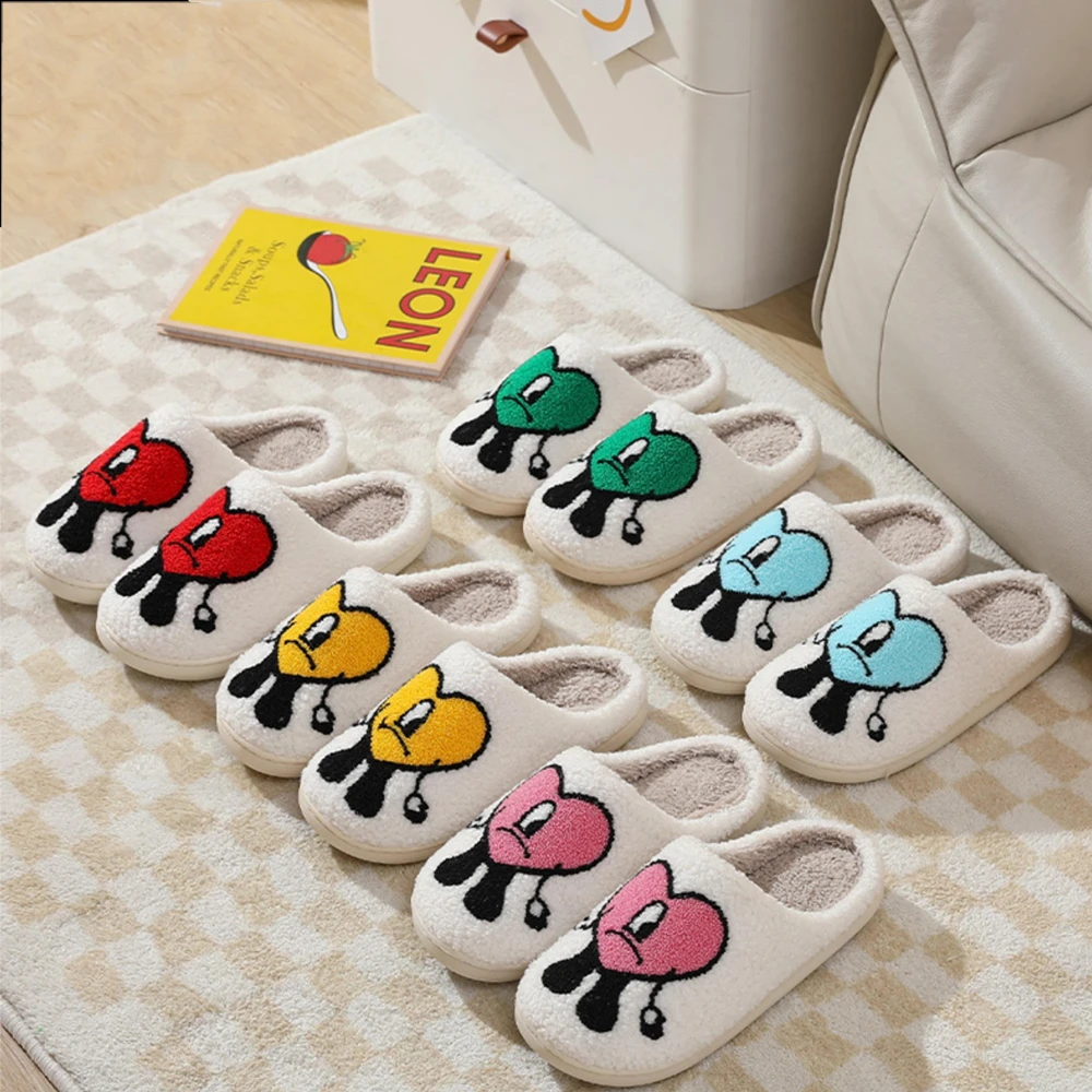 Wholesale Stock Custom Logo Red Heart Bad Cute Bunny Slippers Slides Ladies Warm Winter Home Slippers