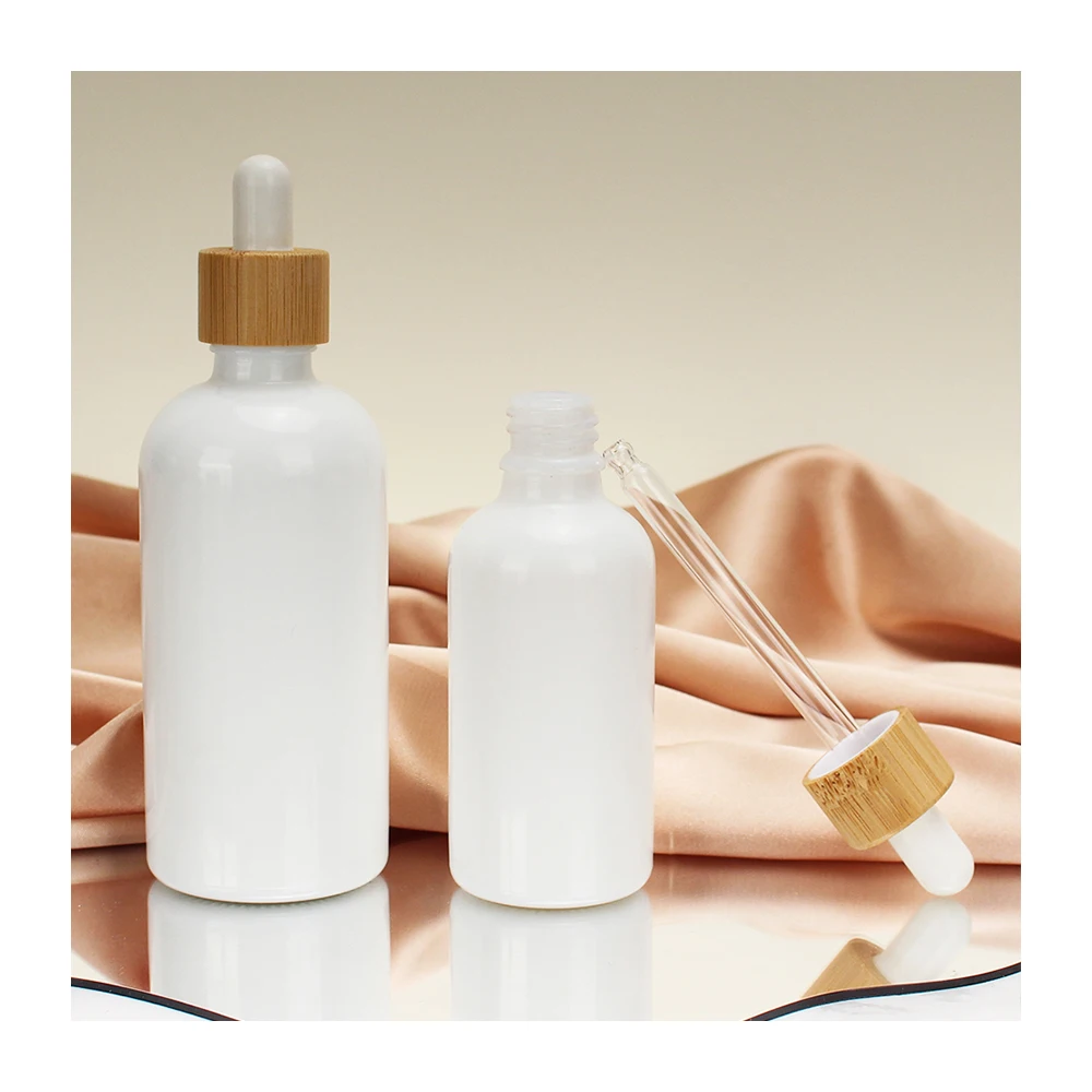 30ml 50ml 100ml White Glass Essential Oil Dropper Bottles White porcelain Empty Cosmetic Packaging Vials Bamboo Wood Lid