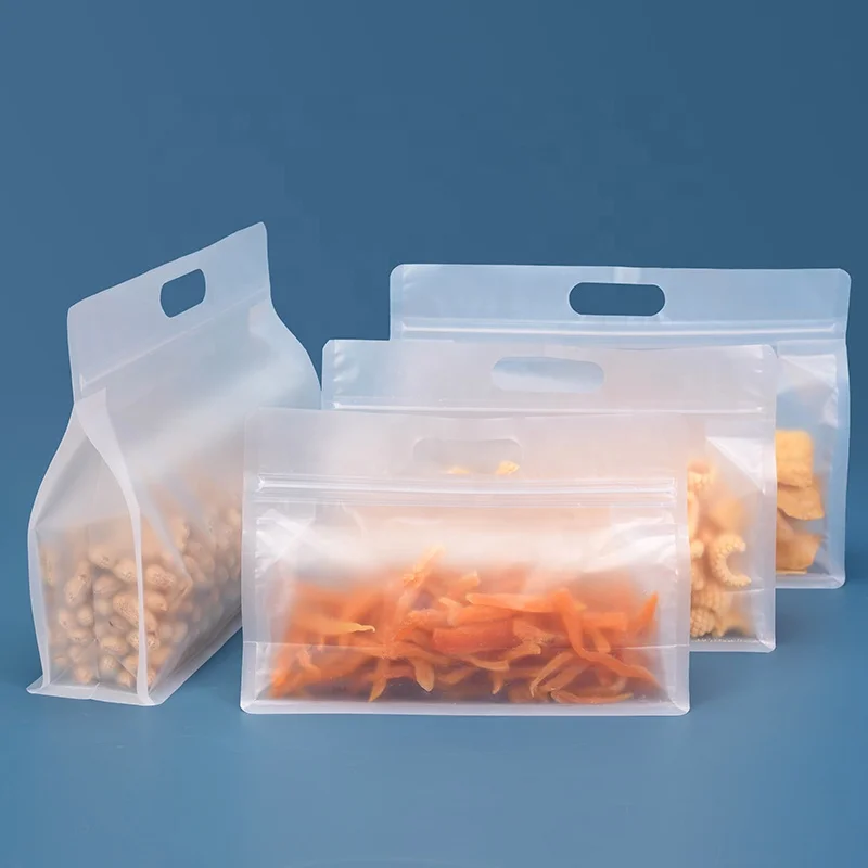 In Stock Resealable Clear Frosted Stand up Pouch Packaging Plastic Zipper Gusset Transparent Bag With Handle