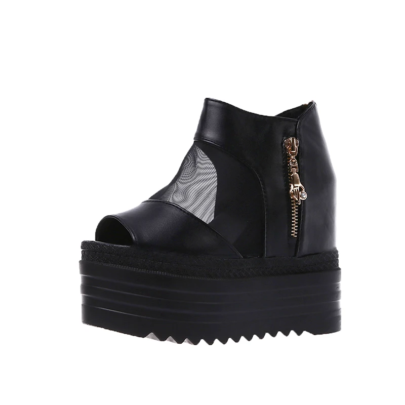 
Summer new style mesh wedges with fish mouth sandals breathable platform high heeled black women sandals 