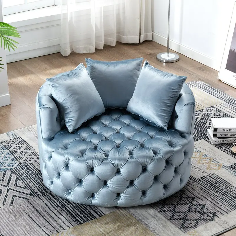 Modern stainless steel wide tufted swivel barrel chair nordic velvet button sofa for living room furniture barrel recliner chair