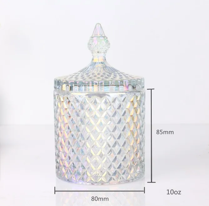 Ready To Ship Geo Cut Glass Candle Jar 10oz Iridescent Holographic Candle Glass Jars
