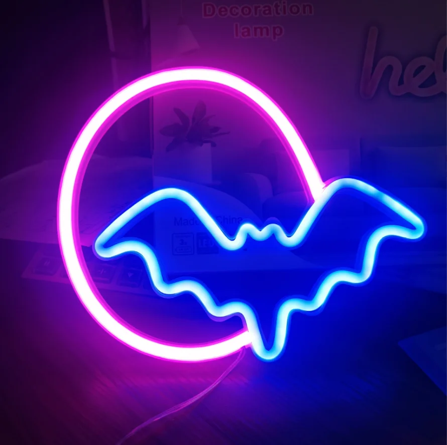 Halloween Usb Battery Operated Neon Light Night Lamp Led Moon and Bat Sign for Wall Kids Room Party Gift Bar Decoration