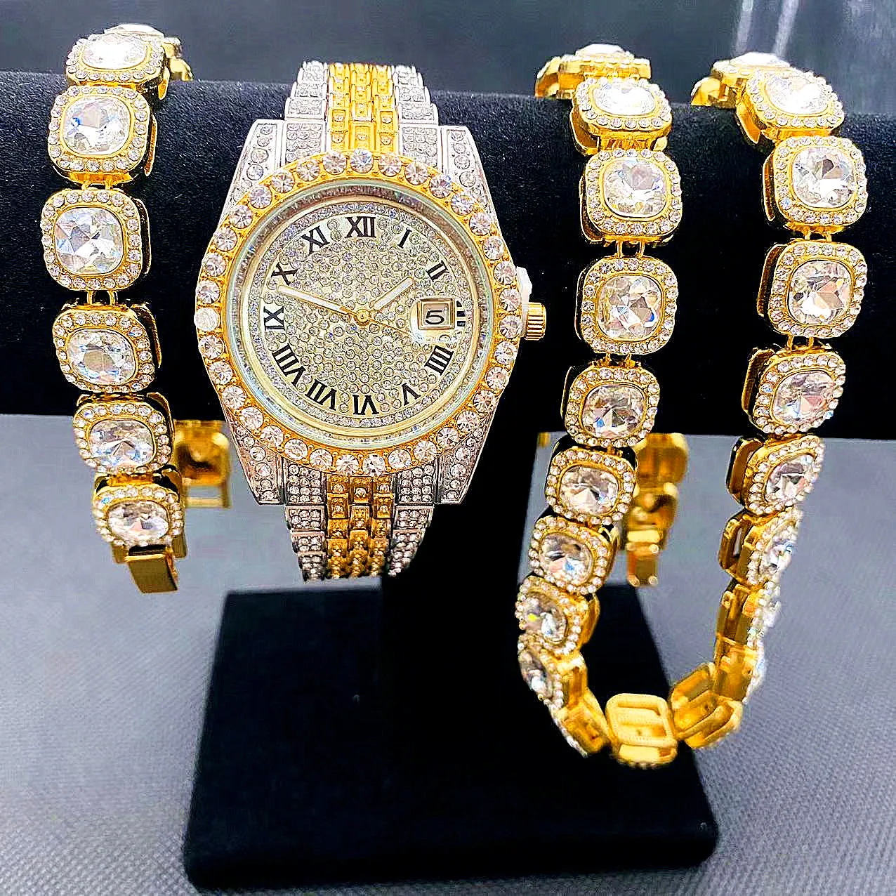 3pcs/set Iced Out Watches men wrist luxury Watch Cuban Link Chain Bracelet set Bling Jewelry Sets for Men Hip Hop Watch For men