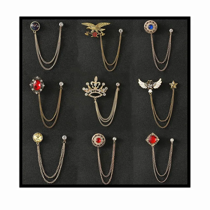 fashion mens gift ornament garment suit brooch retro crystal rhinestones jewelry blazer corsage gold silver chain lapel pins