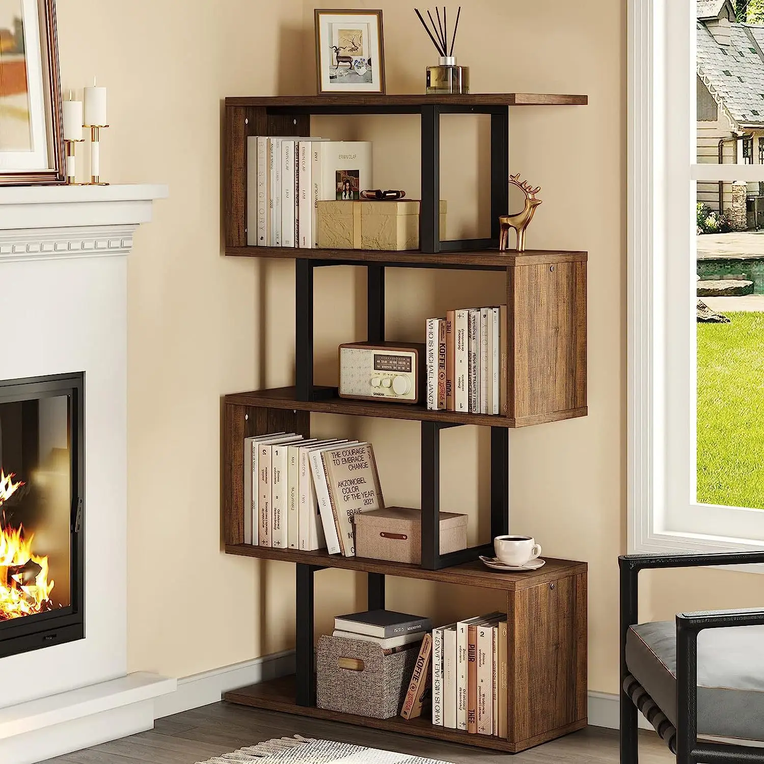 Home Living Room Wood 4 Layer Corner Rack Bookcase Bookshelf with Metal Frame