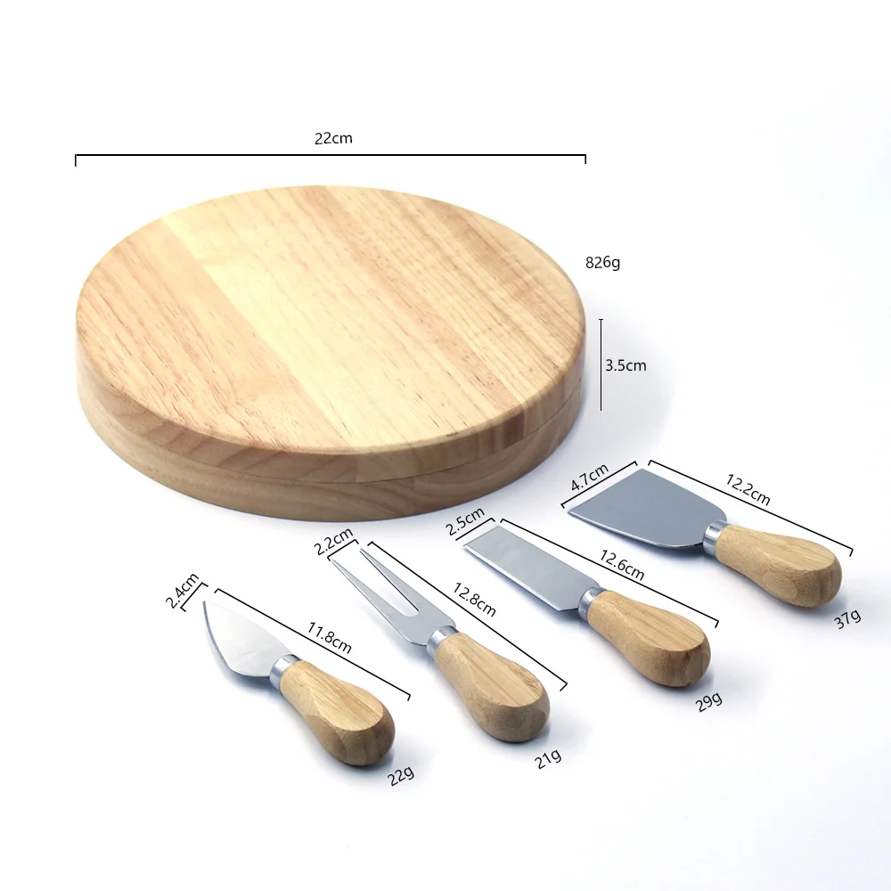 Unique Natural Wood Round Board  4pcs Cheese Knife Tool  Cutter  Butter Spatula  Set with gift box