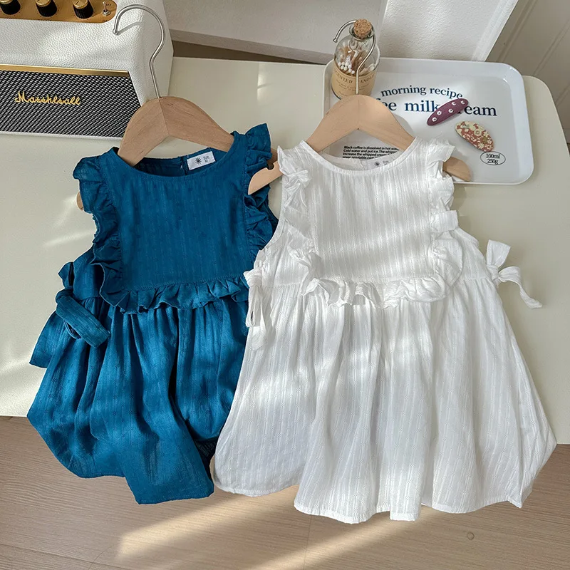 Hot Selling 100% Cotton Baby Summer New Dress Cute Wooden Ear Edge Sleeves Sweet Bow Princess Dress For Girls
