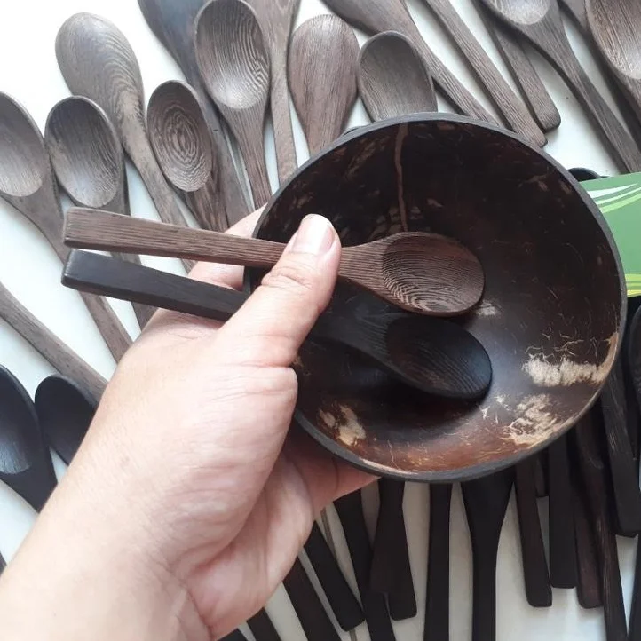 Высококачественная Экологически чистая миска из скорлупы кокоса с ложкой, Деревянная миска для смешивания фруктов, салата, Кокосовая миска