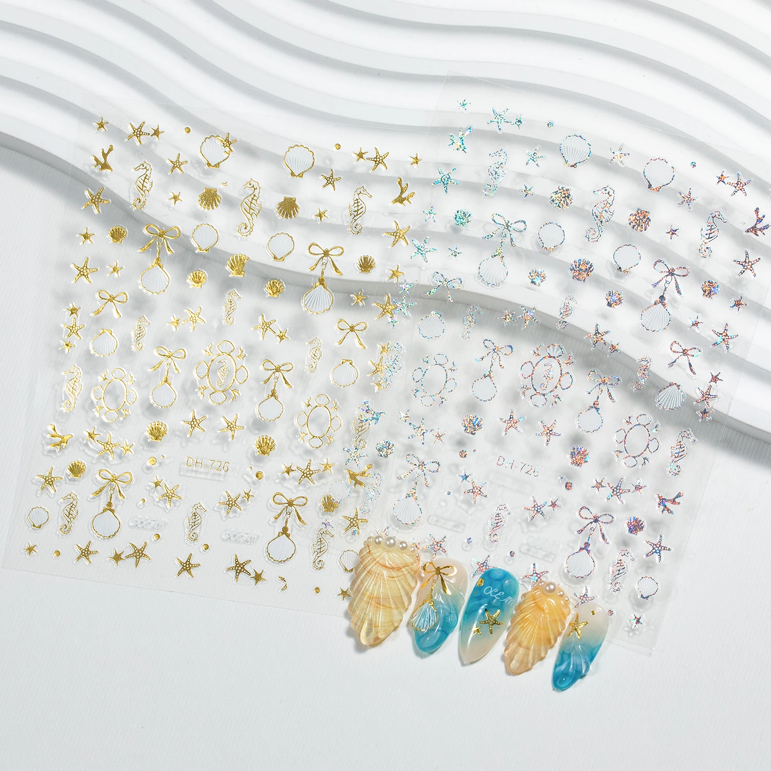 Customized Design laser Sticky Type Pixel Ultra Thin Waterslide shell Gold Silver Series Young Girl Style 5D Nail Stickers