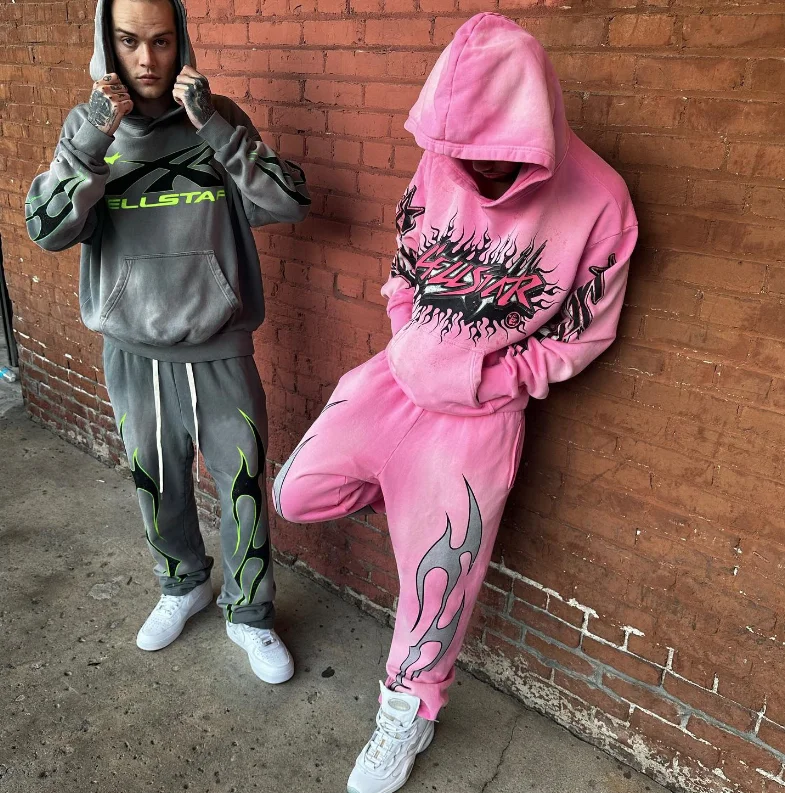 Wholesale 100% Cotton Vintage Hoodie And Sweatpants Jogger Two Piece Set Screen Printing Sweat Suit Acid Wash Men Tracksuit