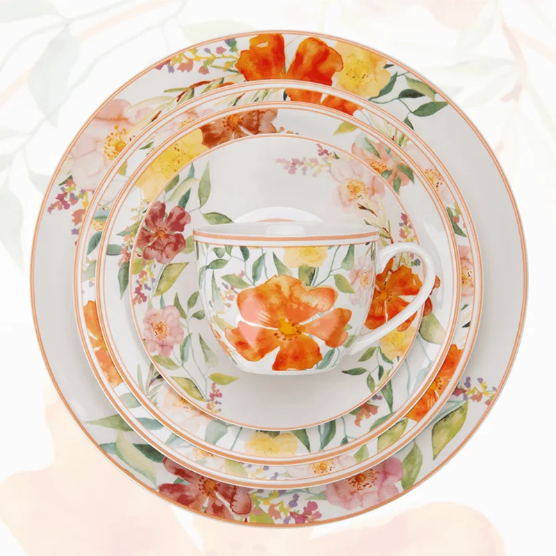 18pcs 20pcs 24pcs wholesale spring blooming fall autumn garden flora ceramic plate and dish dinner set with bowl
