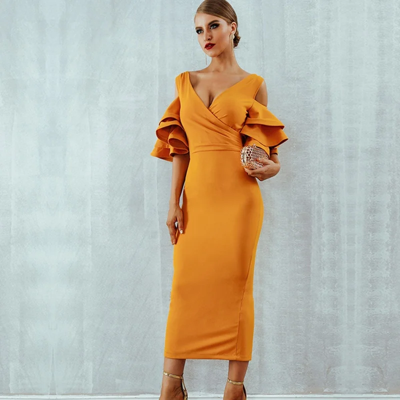 New Summer Women Club Dress  Celebrity Party Dress Yellow Red Ruffle Butterfly Short Sleeve Midi Club Dresses