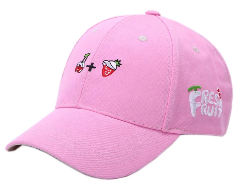 Бейсбольная кепка розового цвета 6 панелей хлопок саржа фрукты вышивка металлическая пряжка