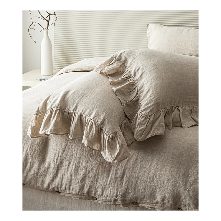LZ  flax linen bed set stonewashed 100% linen pillow cases duvet cover white ruffled french linen bedding