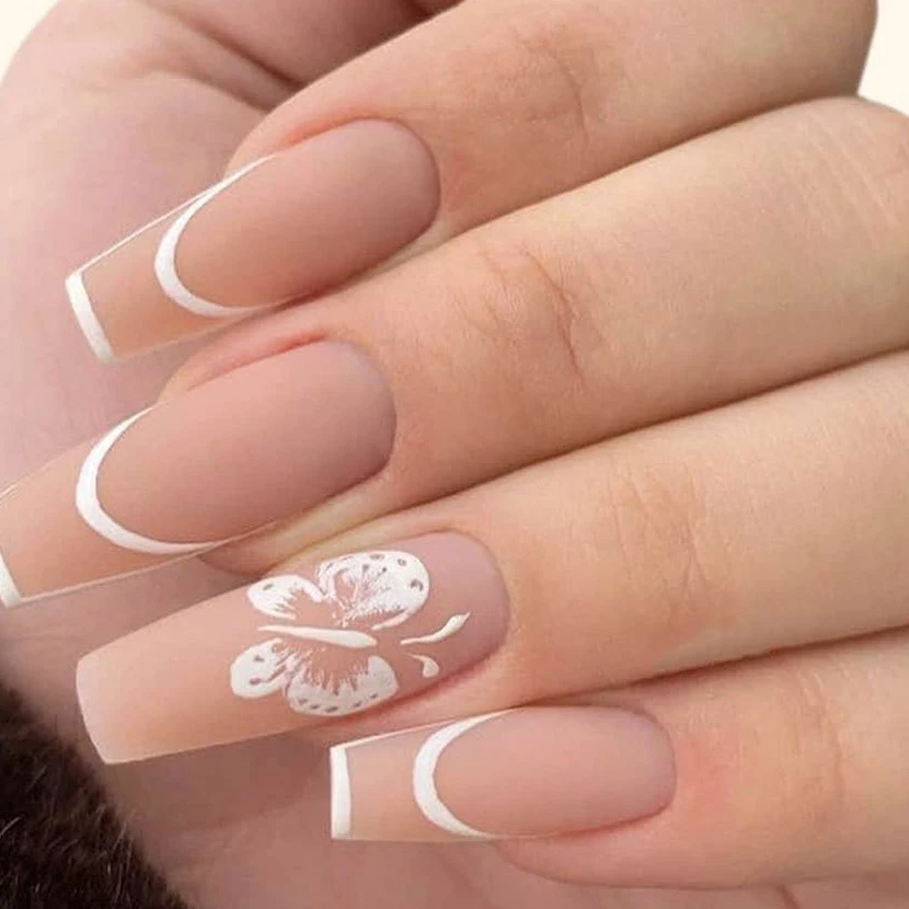Original Design Long French Tip Press On Nails Elegant Matte Butterfly Line French Wearable Nails Manicure Acrylic Stick On Nail