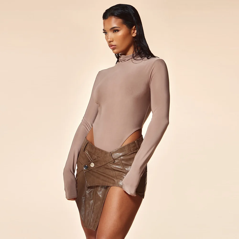 Liu Ming Fashion 2024 Trends Women Y2K Sexy Asymmetrical PU Faux Leather High Waisted Bodycon Micro Mini Skirt