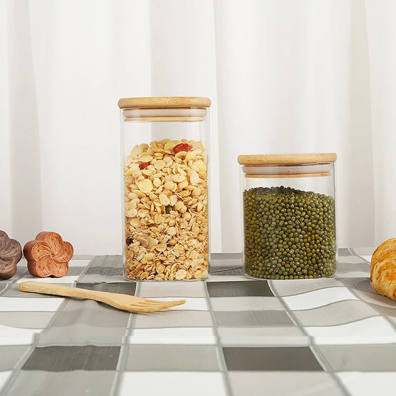 Transparent food spice glass bamboo wooden lid container storage jars for with bamboo cork lid