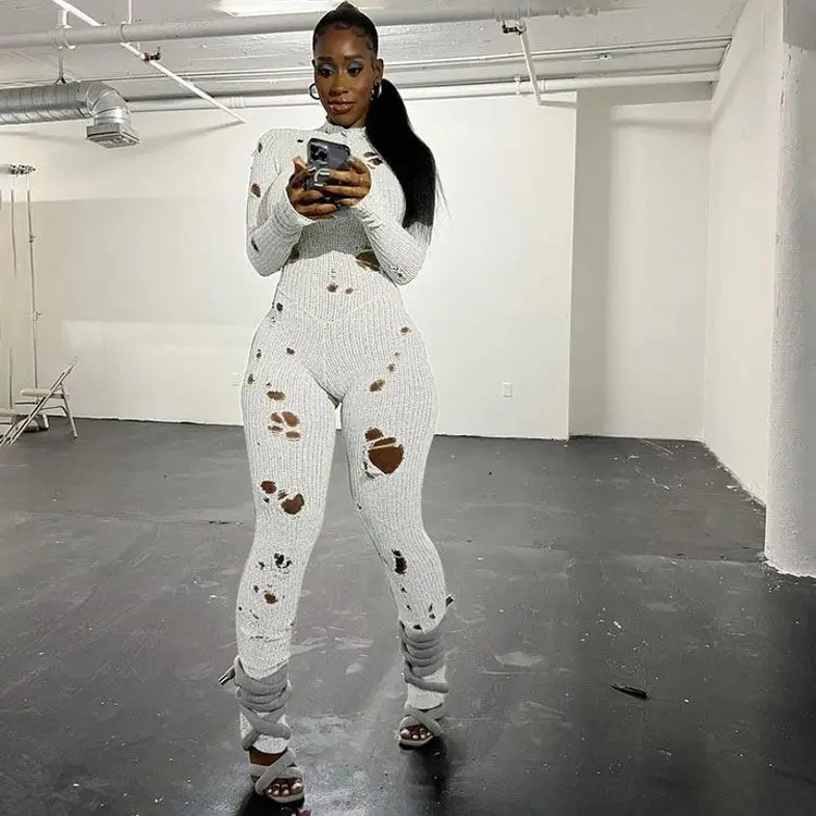 Autumn And Winter Tight Long Sleeve Jumpsuit New Fashion Ripped Back Strap Woolen Knitted Jumpsuits, Playsuits