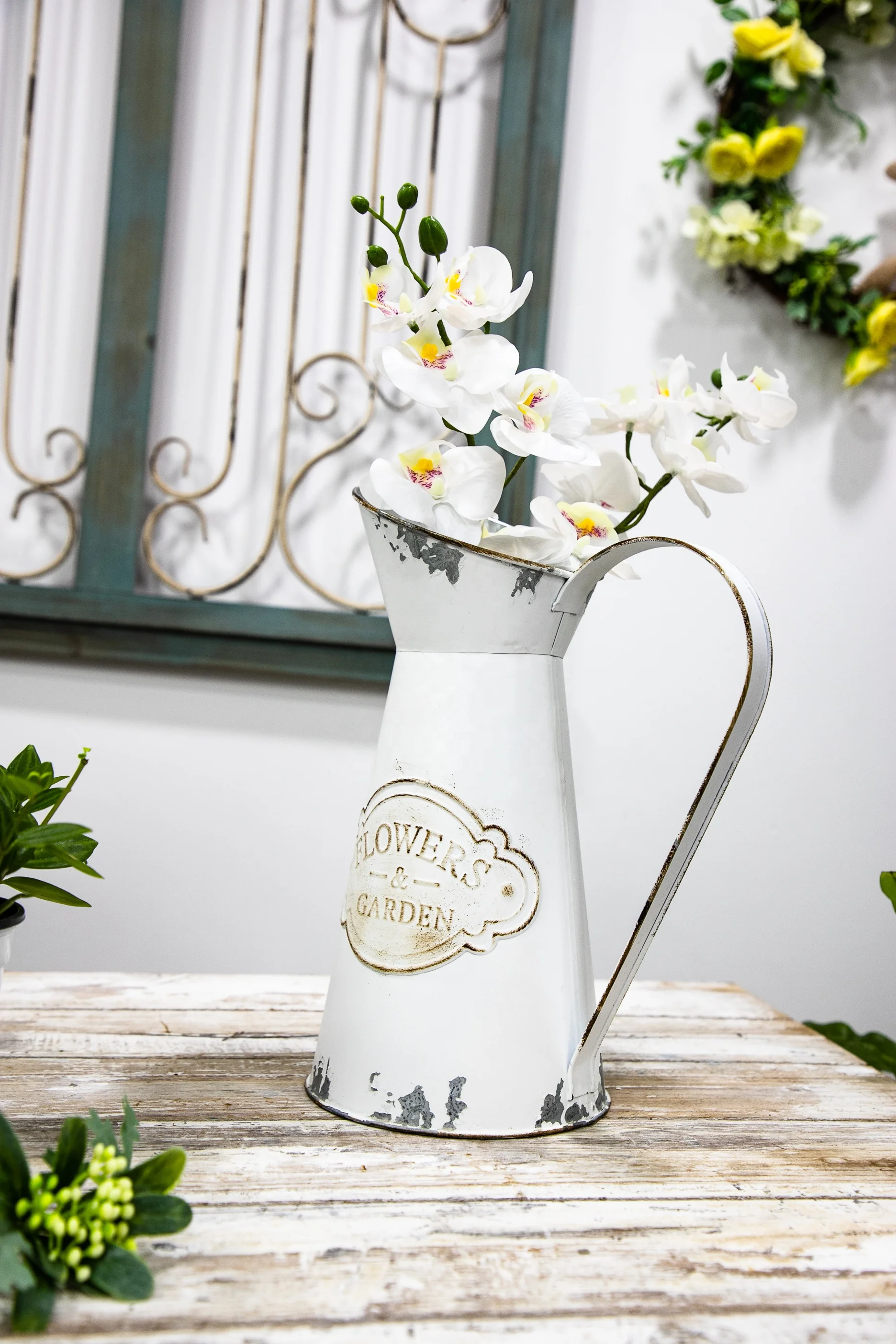  2022 Metal Farmhouse Pitcher Flower Vase Vintage Galvanized Jug Shabby Chic Rustic Decorative Holder for Home