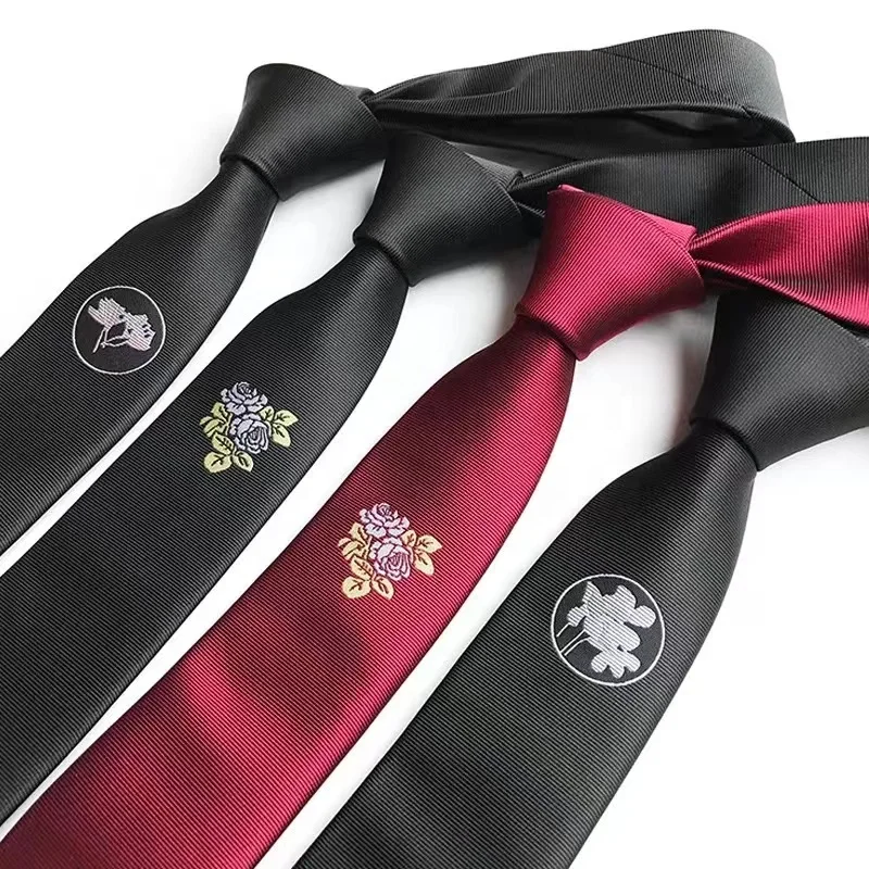 5cm korean designs mens black polyester embroidered rose flower black red neck tie skinny ties for men casual business