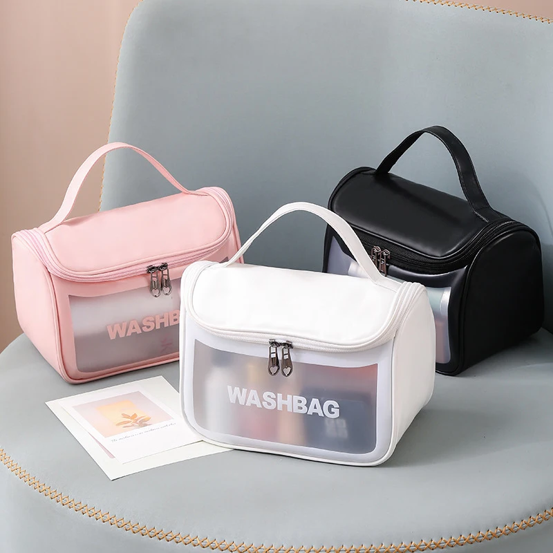 Logo Customize Waterproof PU Leather Women Travel Transparent Pink TPU Washing Cosmetic Bag Pouch Clear Zipper PVC Makeup Bags