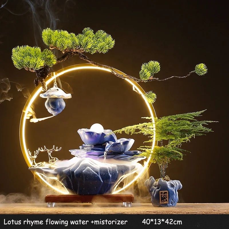 High Quality Home Decor Mini Fengshui Tabletop Water Fountain Smoke Ceramics Waterfall Water Fountain With Light Incense Burner