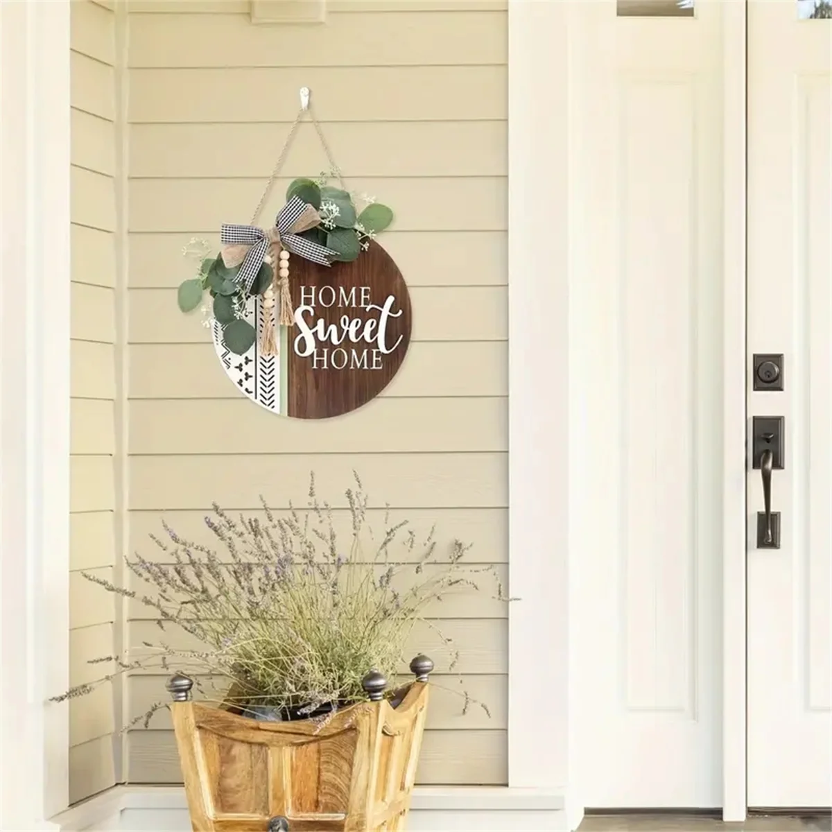 1pc Welcome  Round For Front Door Wreath Porch Decoration Wooden Home Sweet Home Bohemian Outdoor Sign Wreath Artificial Leaves