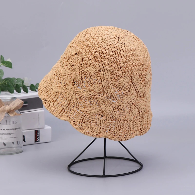 New Custom Hand Woven Paper Straw Sun Hats Beach Wide Brim Foldable Floppy Packable Breathable Mesh Crochet Bucket Hat for Women
