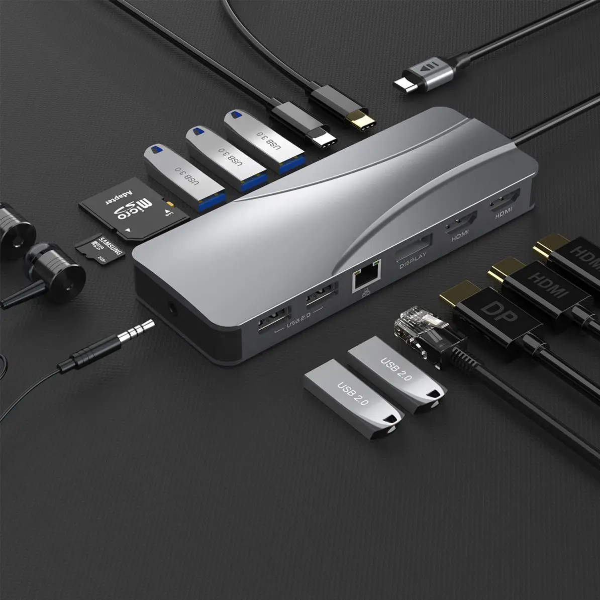 New 14 in 1 multi usb hub adapter type c hub 14 in 1 1000Mbps network power charger USB 3.0 C Dual HDMI DP usb c docking station