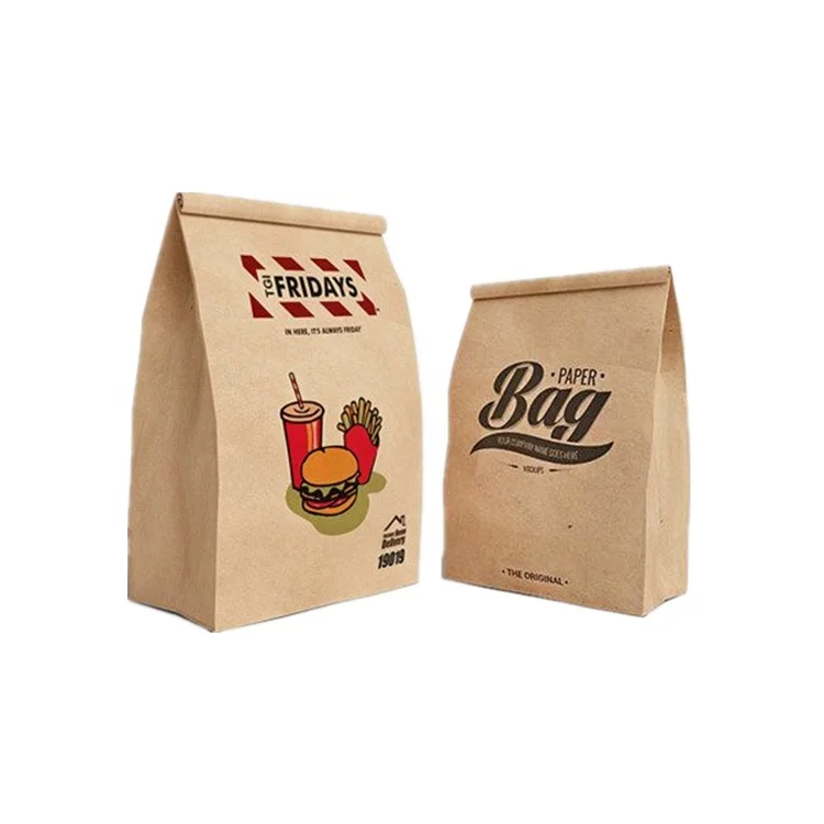
Custom brown kraft takeaway food packaging paper bag flat bottom burger paper bag 