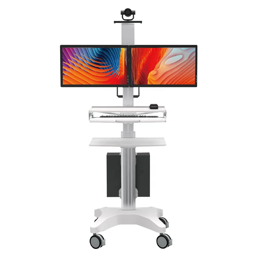 Medical Workstation with Double Monitor Mounts Mobile Hospital Nurse Trolley Cart for Clinic School Home Office