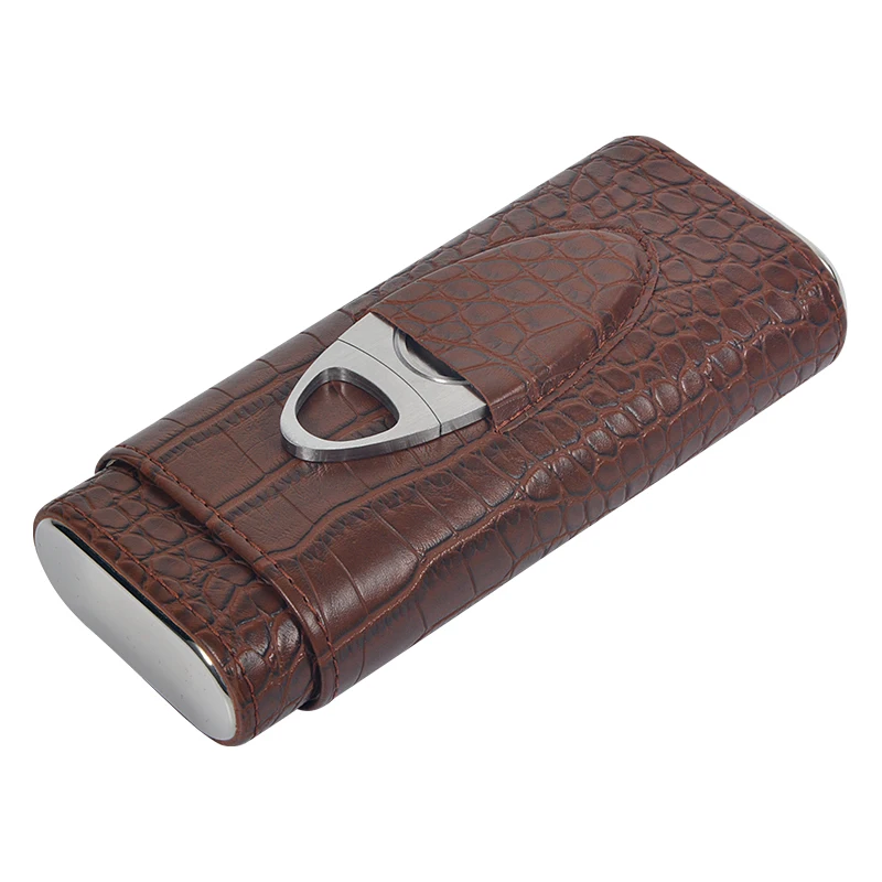 High Quality 3- Finger Brown Leather Cigar Case, Cedar Wood Lined Cigar Humidor with  Stainless Steel cigar Cutter