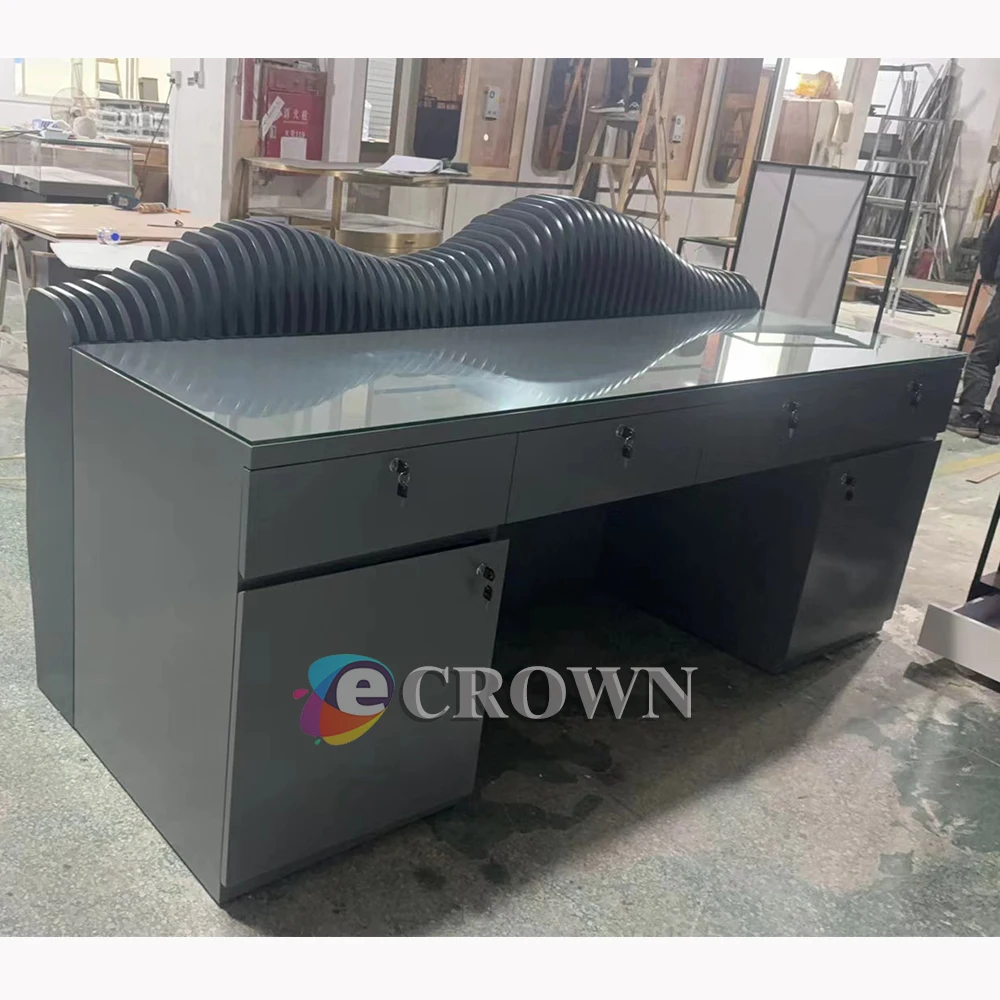 Reception table wooden mdf counter design jadestone reception With Crumb shelfcher mall checkout store Smock Apron mdf ODM