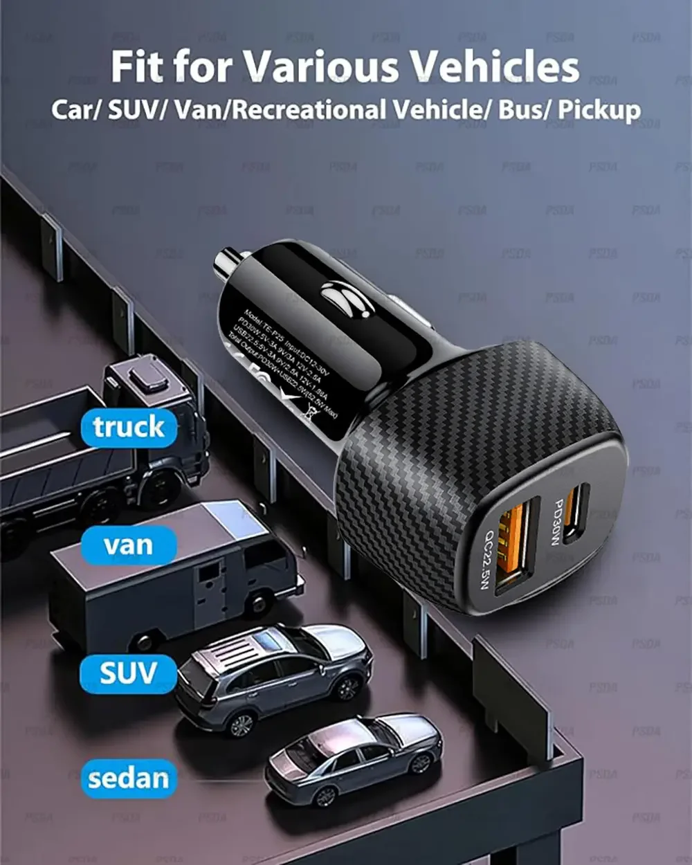 PSDA Car Charger with Plug 52.5W USB Car Charger Fast Charging PD PPS QC 3.0 USB Cigarette Lighter Charger for iPhone Samsung